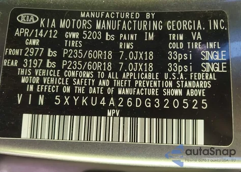 2013 Kia Sorento Ex V6 z USA, uszkodzony, nr VIN 5XYKU4A26DG320525